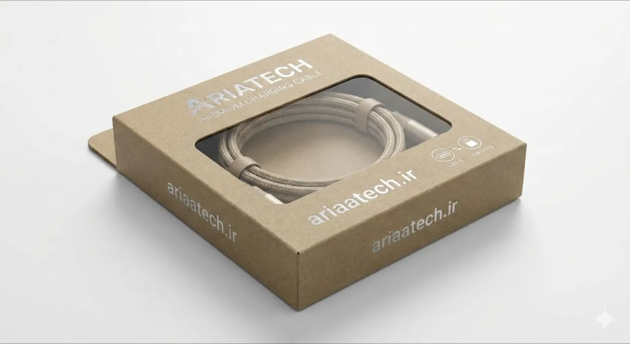 نمایی از جعبه استاندارد و اطلاعات فنی روی کابل شارژر